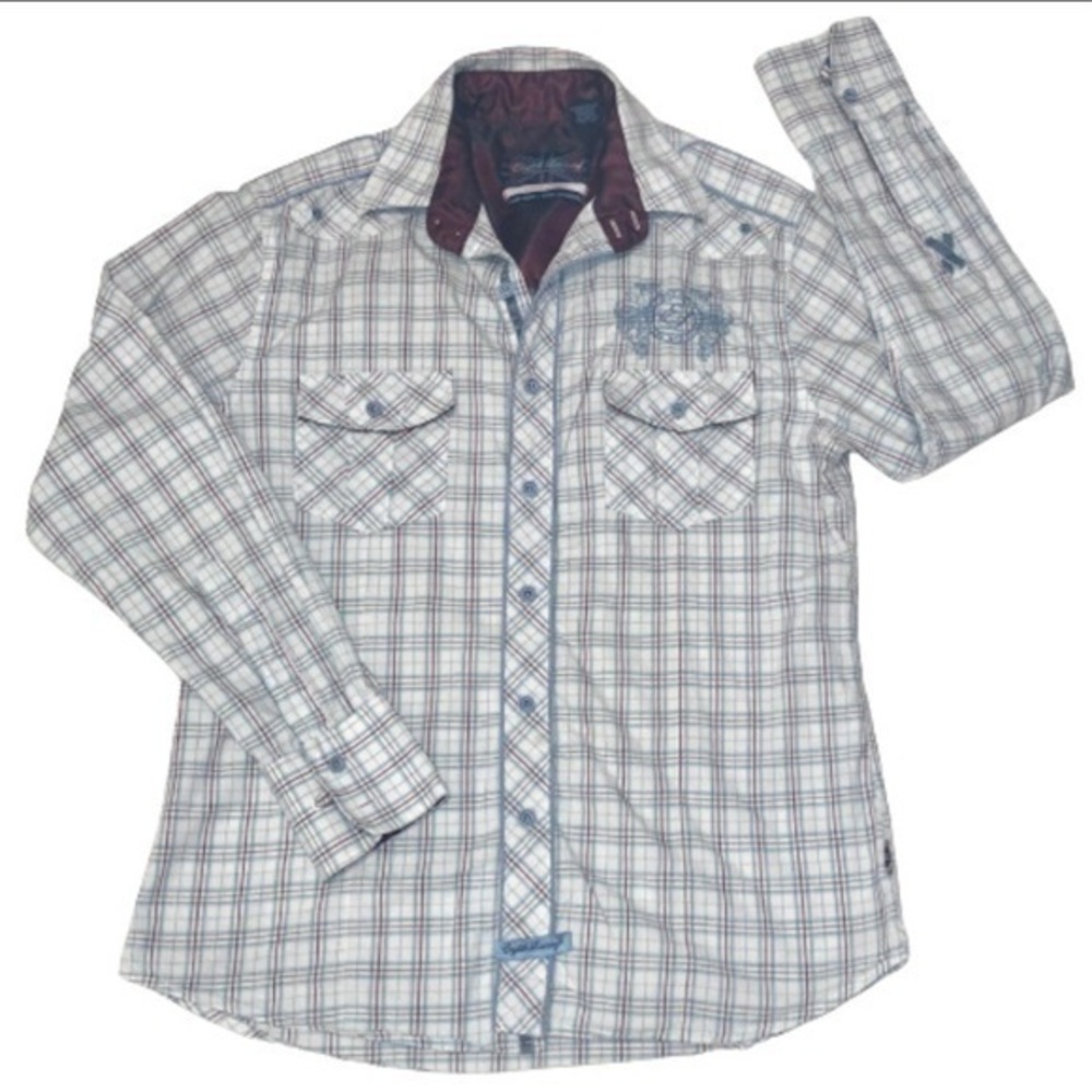 ENGLISH LAUNDRY RED WHITE BLUE PLAID BUTTON UP SHIRT SMALL